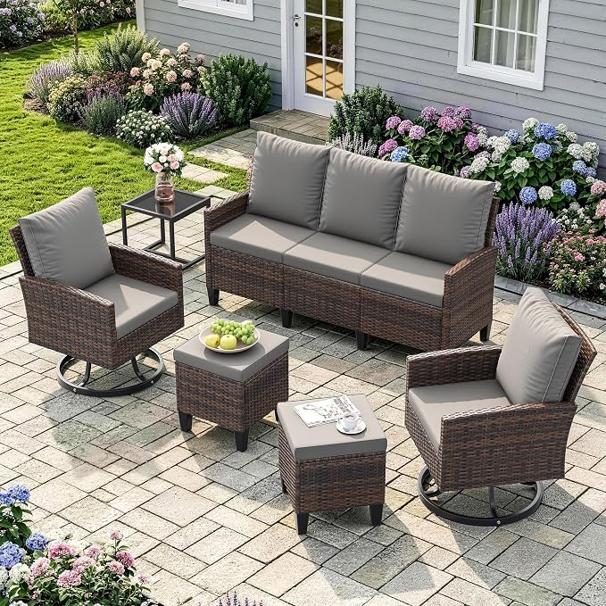 Amopatio Outdoor Patio Furniture Set, 6 Pieces Conversation Sofa with 360° Swivel Chairs, All Weather Wicker Outdoor Furniture for Backyard Garden Pool Deck,Grey