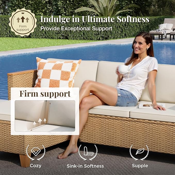MIXPATIO Wicker Outdoor Patio Furniture Set 3 Pieces Patio Chaise Longue Conversation Set, Rattan L-Shaped Sofa Couch with Acacia Wood Coffee Table for Deck Porch and Garden