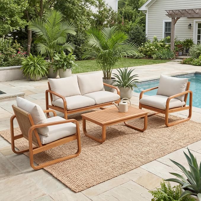 Christopher Knight Home Coddy 4-Seater Patio Furniture Set with Coffee Table, 4 Piece Outdoor Acacia Wood Conversation Set with Cushion, Sold Wood Outdoor Sectional Sofa Set, Beige+Natural