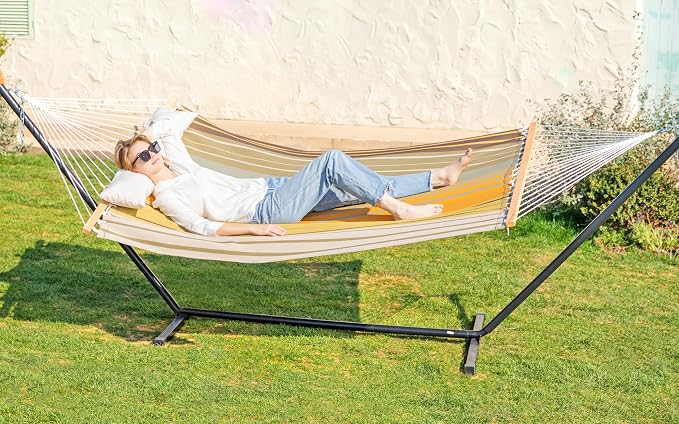 GAFETE Waterproof Double Hammock with Stand for Outside Heavy Duty, 2 Person 55'' Extra Large Quick Dry Textilene Hammocks with Hardwood Spreader Bar, Pillow, Side Pocket, 475lbs Capacity (Coffee)