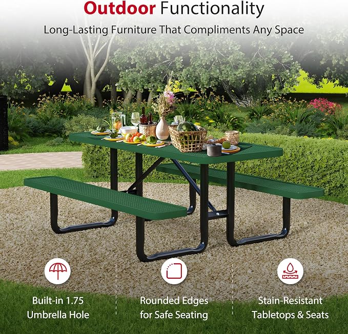 Leisure Craft Metal Picnic Table with Bench - 6 ft Rectangle Outdoor Dining Table for 6, Umbrella Hole, Weatherproof Heavy Duty Thermoplastic Coating, Commercial Grade Furniture Made in USA - Green
