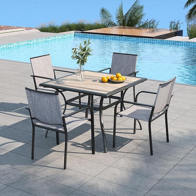 Outdoor Patio Gray Stackable Chairs and 37" PVC Square Table 5 Piece | Stackable Chairs, Square Table, Table and Chair with Metal Frame, Pvc Table Top, All Weather, Textilene fabric Seat and Back