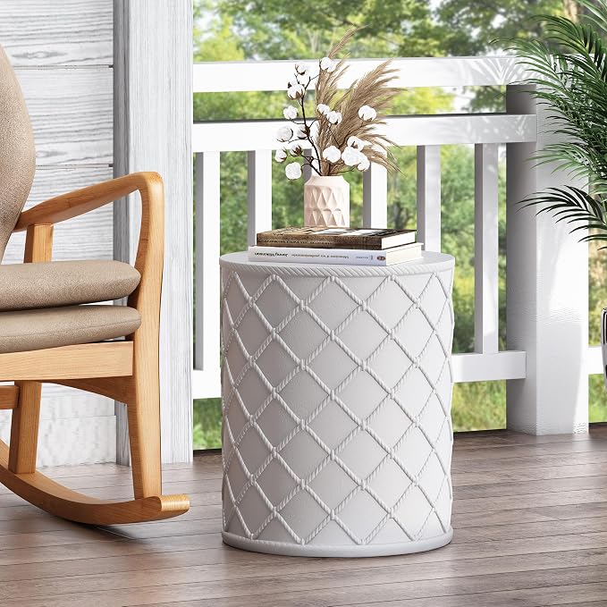 Merax Round Cylindrical End Table 15" Dx18 H Outdoor Patio Lightweight Concrete Side Table Modern Aesthetic Accent Table, Grid Pattern, Antique White