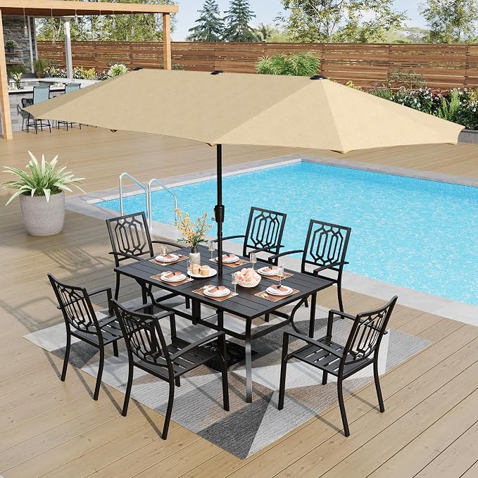 PHI VILLA 8 PCS Patio Dining Set w/ 13ft Umbrella(Beige) | Metal Outdoor Dining Set - 6 x Outdoor Stackable Chairs, 1x 60"x38"Rectangle Dining Table and 1 Umbrella