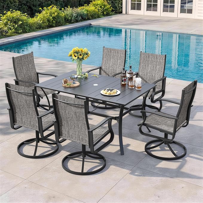 7 Pieces Patio Dining Set, Patio Outdoor Furniture Set of 6 Patio Swivel Dining Chairs and Patio Spliced Rectangular Tabletop with Umbrella Hole, for Deck, Backyard, Poolside & Garden