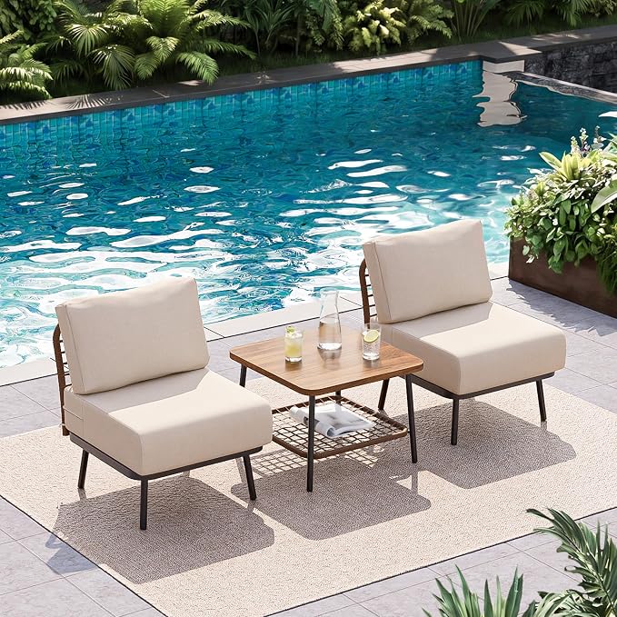 3-Piece Patio Conversation Set, Outdoor Sectional Sofa Wicker Furniture with Thick Cushions & Wood Grain Coffee Table, Small Patio Furniture for Balcony Porch