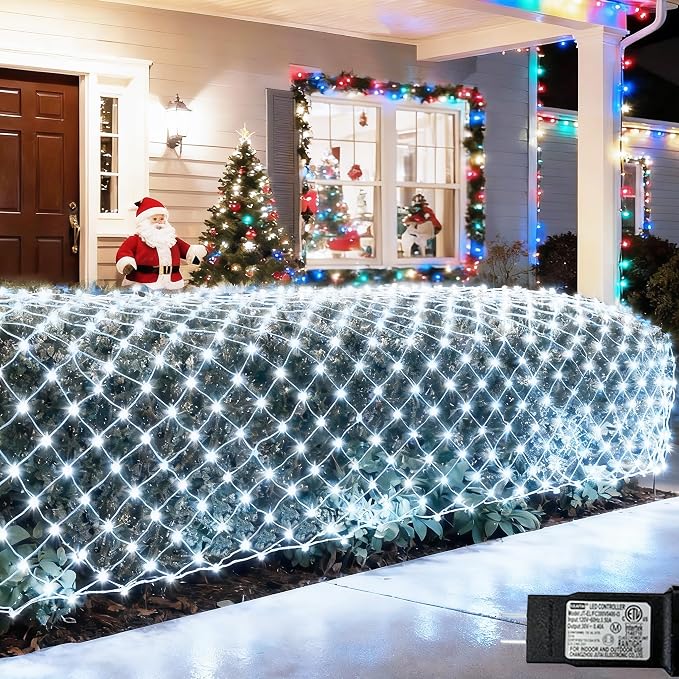 Pooqla Cool White Net Lights, 15x 5ft Christmas Lights Outdoor Clear Wire | 300 LED Large Net Mesh Lights Plug in, 8 Modes Waterproof Connectable Bushes Lights for Christmas Hedge Yard Decor