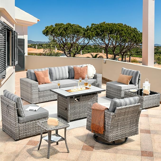 HOOOWOOO Outdoor Patio Sectional Furniture Sofa Set with Large Fire Pit Table,9 Piece Modern Wicker Couch with Swivel Chair,Modular Conversation Seating Set with Widened Armrest(Grey Strips)