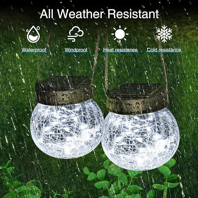 Kolpop Solar Lanterns Outdoor Waterproof 6 Pack, Hanging Solar Lights with 30 LED, Cracked Glass Hanging Globes for Garden Patio Fence Yard Christmas Tree Decoration, Cold White