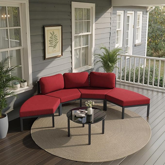 Crestlive Curved Patio Furniture Set, Modular Half Moon 4-Seater Sofa with Round Coffee Table, Aluminum Outdoor Sectional with 4.3" Cushions, All-Weather Couch for Backyard, Deck, Porch, Poolside