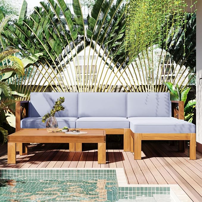 VilroCaz Acacia Wood 5-Piece Patio Sectional Sofa Set, All-Weather Outdoor Conversation Set, Corner Design Patio Set with Coffee Table and Updated Cushions for Backyard Porch Courtyard Poolside