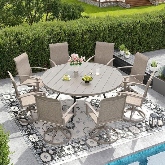 DIFY 9 Pieces Outdoor Dining Set for 8, 60" Grey Wood-Like Round Metal Table with Umbrella Hole and Sandshell Textilene Swivel Patio Chairs, Patio Table and Chairs Set for Garden, Backyard, Poolside