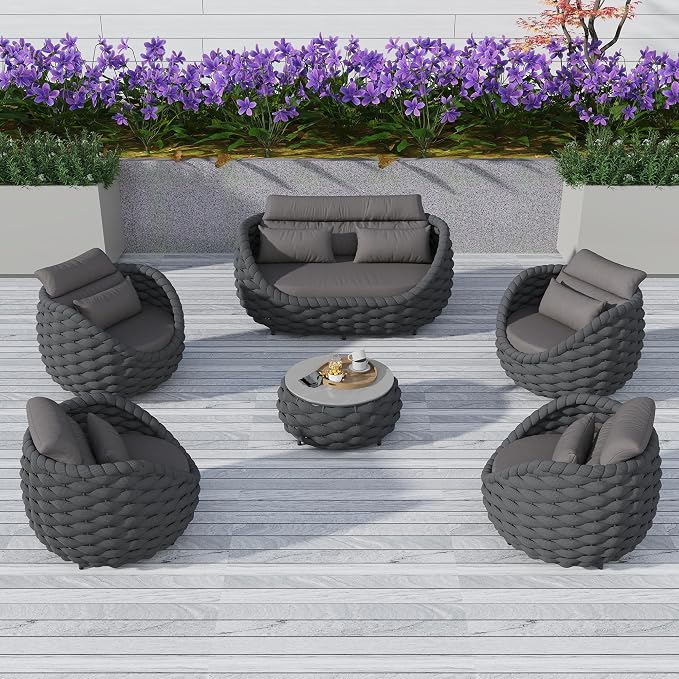 TWT Outdoor Patio Furniture Set-6 Pieces Aluminum Sectional Sofa, Metal Patio Conversation Set with Loveseat & Armchair, Textile Rope and Coffee Table, Dark Grey