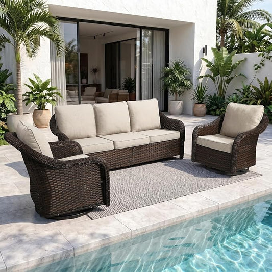 3 Piece Patio Wicker Conversation Set, All-Weather Use Outdoor Wicker Sofa with 2 PE Rattan 360 Swivel Chair, Ideal for Porch, Backyard, Balcony, Poolside, Beige
