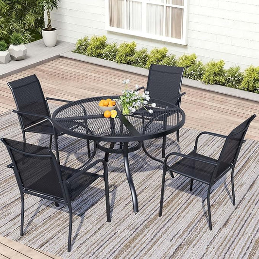 5 Piece Patio Dining Set for 4, 42” Black Round Table with Umbrella Hole and 4 Black Patio Stackable Chairs, Patio Table and Chairs for Backyard, Lawn, Deck & Garden