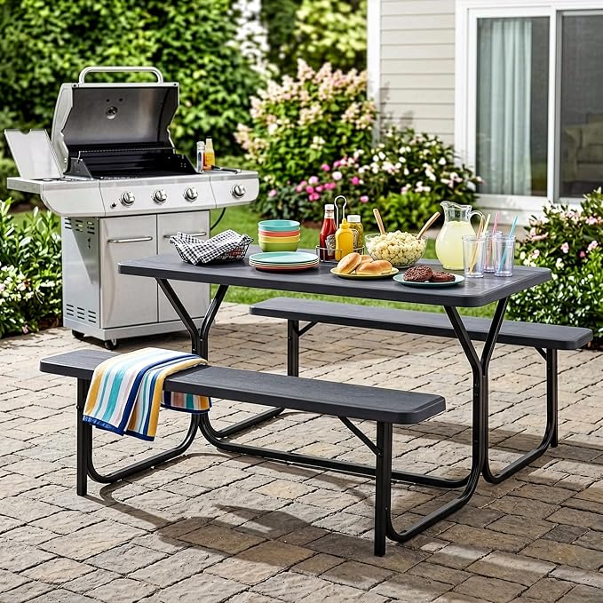 Gray Outdoor Picnic Table Set with Benches, Woodgrain Plastic Patio Dining Table with Metal Frame, Weather-Resistant Picnic Bench Table for Backyard, Patio, Garden, Park, Seats 6