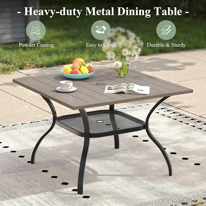 Outdoor Dining Set for 4, 37.8" Metal Outdoor Dining Table with Umbrella Hole and Sling Patio Swivel Chairs, 5 Pieces Patio Table and Chairs Set for Garden Backyard, Grey