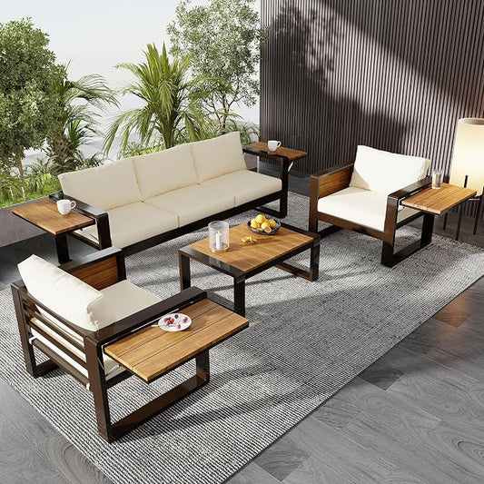 4-Piece Patio Conversation Set, Aluminum Frame Outdoor Patio Furniture Set w/ 3-Seater Sofa, 2 Armchairs with Fold-Out Side Tables, Coffee Table, All-Weather Sectional Sofa Set for Garden Backyard