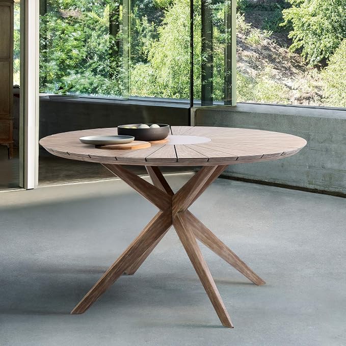 Armen Living LCOADIWDLT Oasis Outdoor Light Eucalyptus Wood and Concrete Round Dining Table, Teak/Gray
