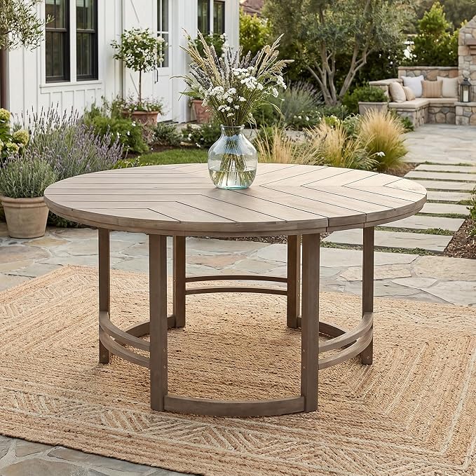 WILLIAMSPACE 59.1" Round Acacia Wood Outdoor Patio Table with Umbrella Hole, Brown