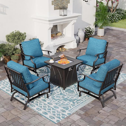 SUNSHINE VALLEY 5 Piece Metal Outdoor Patio Furniture Set with Fire Pit Table, Patio Conversation Sets 4 Rocking Chairs with 5.75" Thick Cushion and 5000 BTU Fire Pit Table, Backyard Furniture, Blue-2