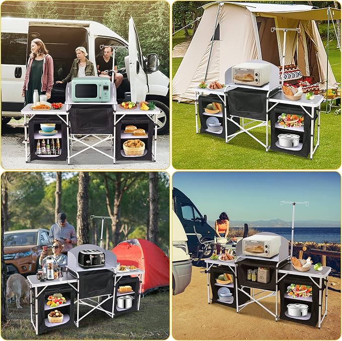Nice C Camping Kitchen Table, Folding Cook Table, Upgrade Light Stand and Windshield Cook Station & 3 Organizers, Carry Bag for Grill, Outdoor, Beach, BBQ, Picnic, Cooking (Silver)