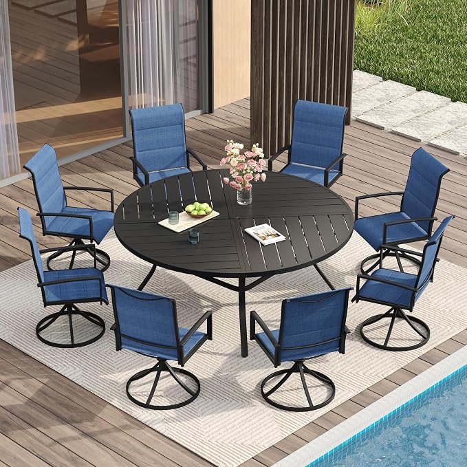 VICLLAX Patio Dining Set for 8, 8 Seats Outdoor Furniture Includes 59.9" Round Patio Table and Swivel Padded Chairs, Black Tabletop and Blue Fabric