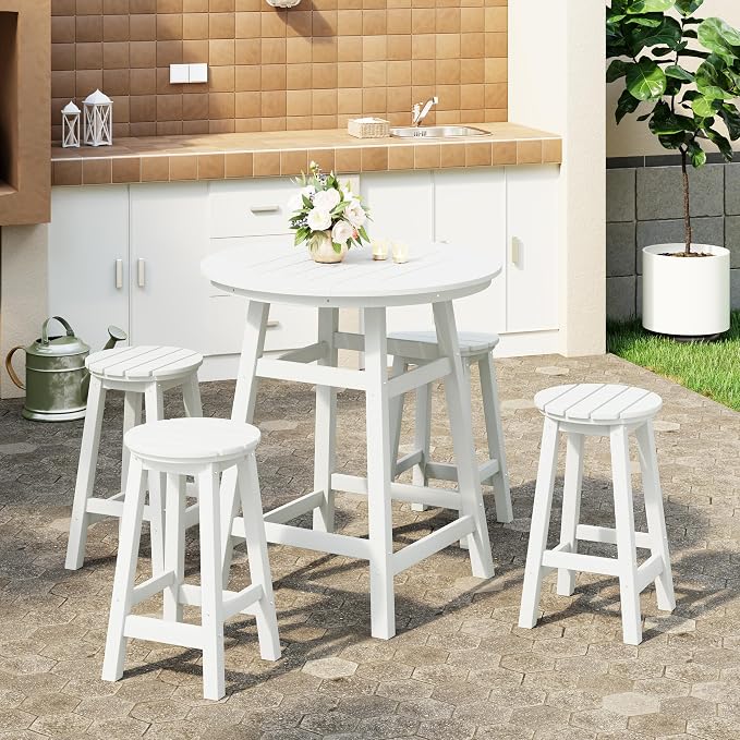 Costaelm Patio Bistro Table, 37" Counter Height Round Patio Cocktail Bar Table with Umbrella Hole, Outdoor Bistro Dining Pub Table for Front Porch Deck Backyard Garden, White