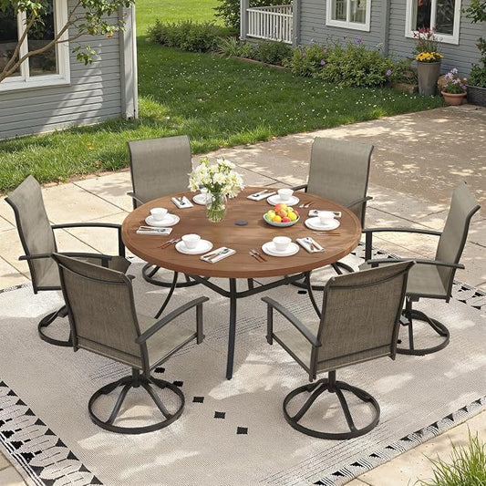 7 Pieces Round Patio Dining Set, Outdoor Furniture of 50" Round Patio Table and Patio Swivel Chairs for Backyard Lawn Garden, Walnut Table and Mixed Brown Chairs