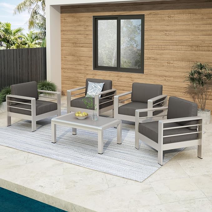 Christopher Knight Home Crested Bay Aluminum Patio Chat Set, 5-Pcs Set, Khaki / Silver