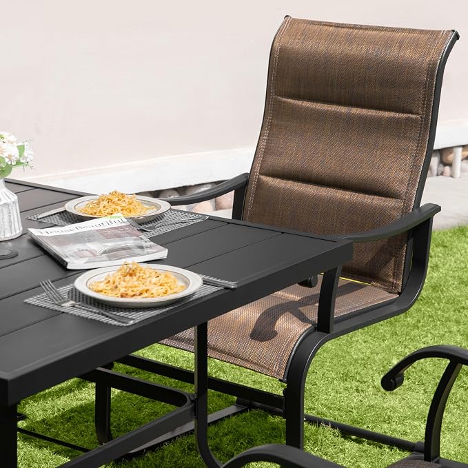 NUU GARDEN 5 Piece Outdoor Dining Set, 4 All Weather Outdoor Padded Textilene Patio Chairs and 37" Square Dining Table with 1.57" Umbrella Hole, for Backyard, Patio, Garden, Brown and Black