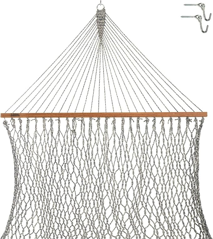 Hatteras Hammocks Small Navy Oatmeal Heirloom Tweed DuraCord Rope Hammock – 11 ft. x 45 in., 450 lb Capacity, Cumaru Spreader Bar, Zinc-Plated Hardware, Handcrafted in The USA
