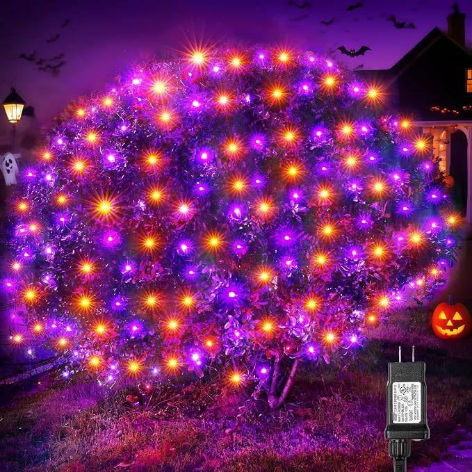 BlcTec Halloween Lights Outdoor 200 LED 8.4ft x 5.2ft Orange Purple Net Lights with 8 Modes, Timer, UL Certified, Connectable, Memory, Waterproof for Lawn, Trees, Bushes Outdoor Halloween Decorations