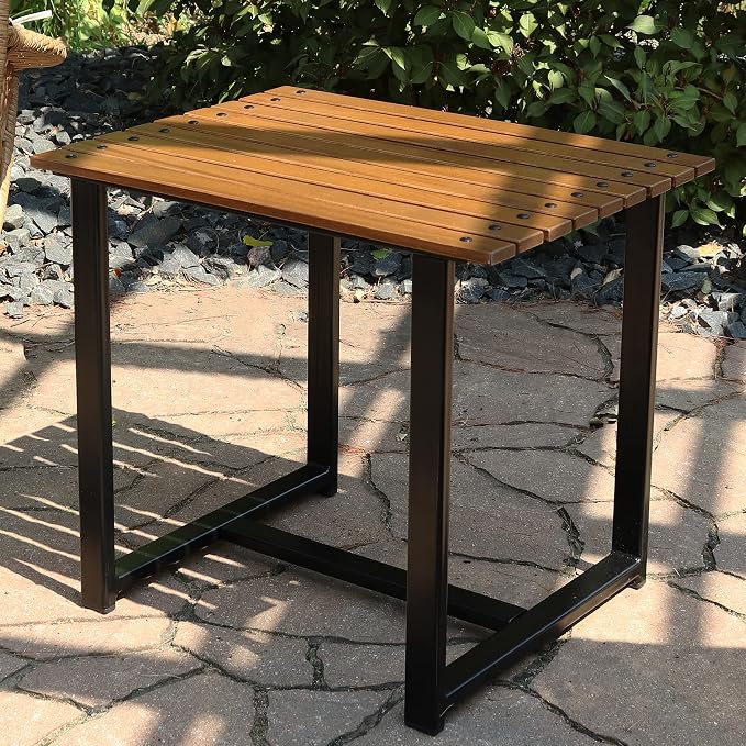 Sunnydaze European Chestnut Wooden Adirondack Side Table - Square Outdoor End Table for Patio with Steel Frame - 20-Inch - Brown