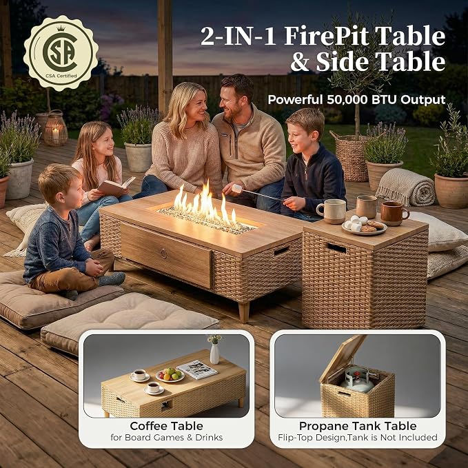 MIXPATIO Patio Furniture Set, 4 Piece Wicker Outdoor Furniture Set with Fire Pit Table & Thick Waterproof Cushions, 5 Seats Patio Conversation Set for Backyard Deck, Gray