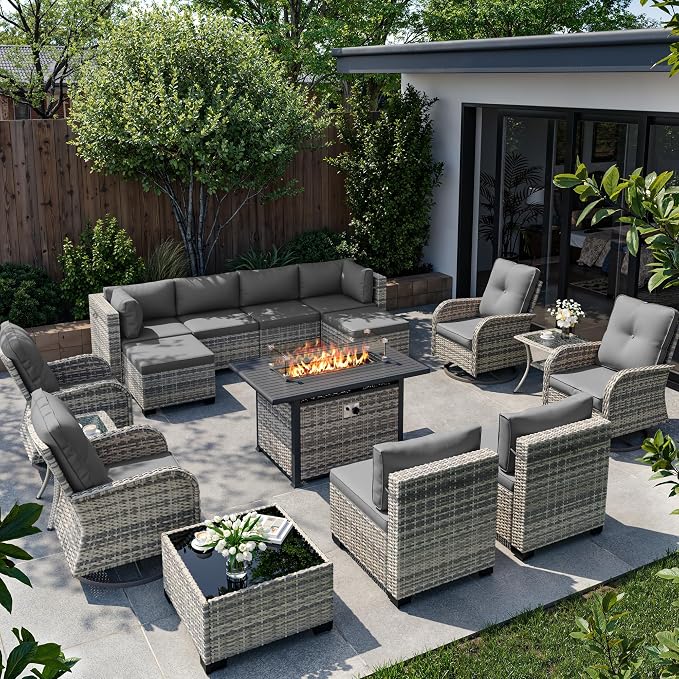 16-Piece Outdoor Patio Furniture Set with Rocking Swivel Chair, Wicker Rattan Sectional Sofa Conversation Set with 55,000 BTU Fire Pit Table with Ottomans, Backyard Furniture, Grey