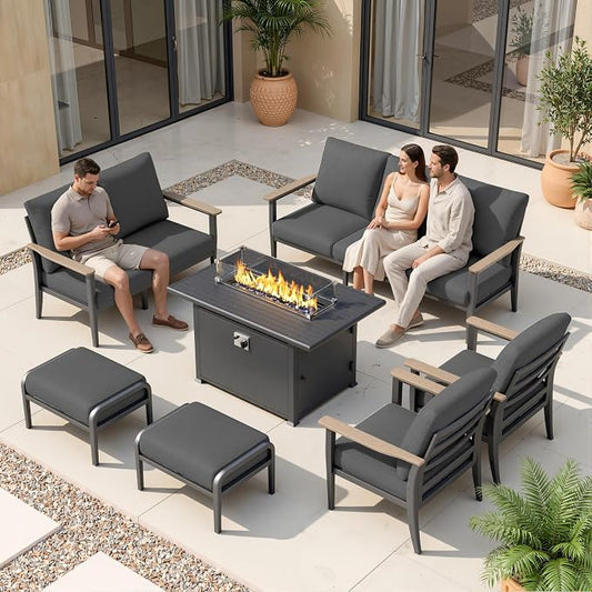 Aluminum Outdoor Patio Furniture Set, 7-Piece Sectional Sofa with 5.1" Thick Cushions, Ottomans, 55,000 BTU Propane Fire Pit Table, Outdoor Couch for Backyard, Deck, Black