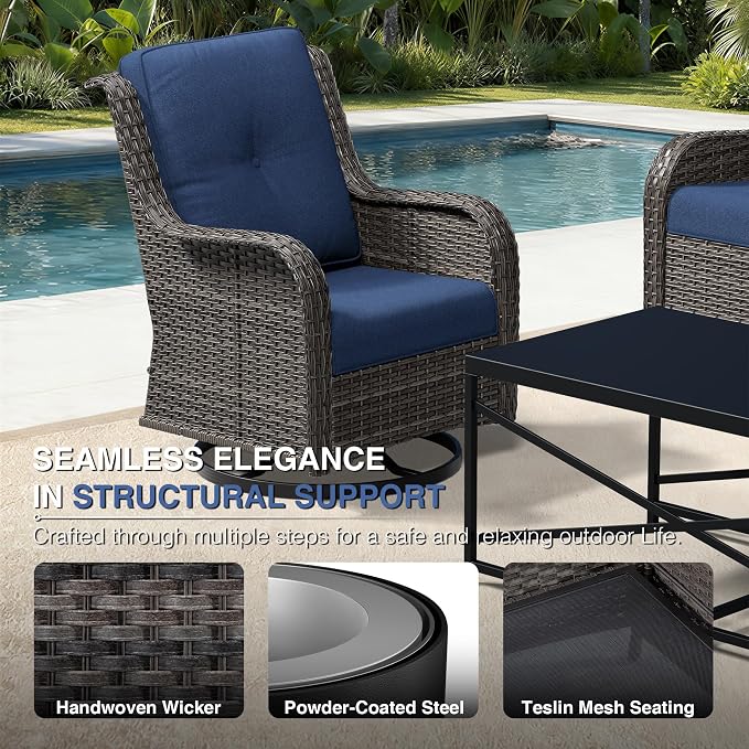 Joyside 5 Piece Wicker Patio Furniture Set, Outdoor Swivel Rocker Patio Chairs with High Back, Deep Seating, Wide Armrest, Thickened Cushions, Outdoor Furniture for Deck, Porch Use