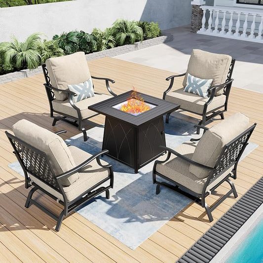 SUNSHINE VALLEY Patio Furniture Set with Firepit Table, 5 Piece Metal Outdoor Patio Furniture Set for 4, 4 Rocking Chairs with 5.75" Extra Thick Cushion and Gas Firepit Table for Backyard Deck Garden