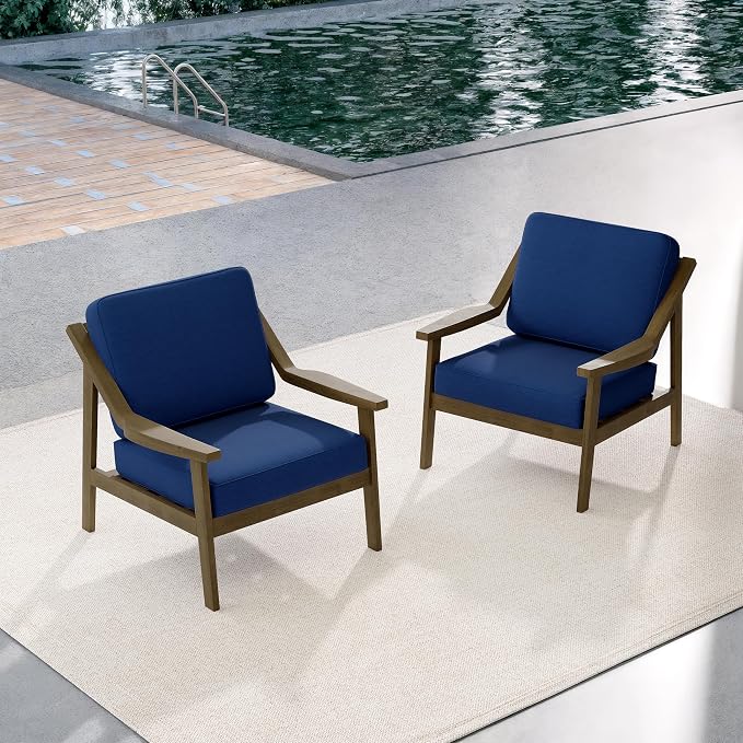 Outdoor Patio Furniture Set, 2 Piece Outdoor Patio Sofa Armchairs with Washable Thick Cushions, All-Weather Solid Wood Patio Bistro Set for Porch, Balcony, Natural Frame & Navy Cushion