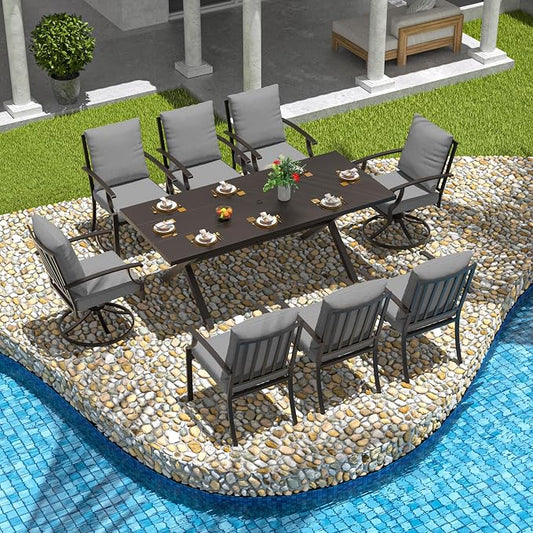 9-Piece Patio Dining Set Outdoor Conversation Set,Metal Outdoor Furniture Set with Umbrella Hole Cut-Out 78.7" x 35.4" Table and 8 Metal Chairs for Backyard,Garden,Grey