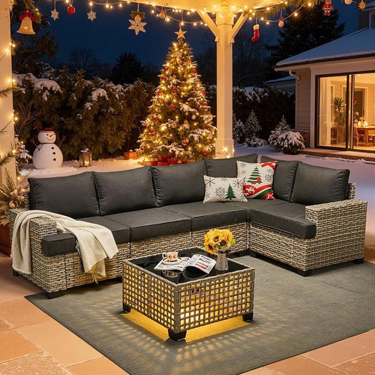 HOOOWOOO Sectional Patio Furniture Set with Solar Light Table,6 Pieces Wicker Outdoor Furniture L Shaped Couch,Outside Conversation Set with Extra Deep Seat Sofa Wide Arm,Black