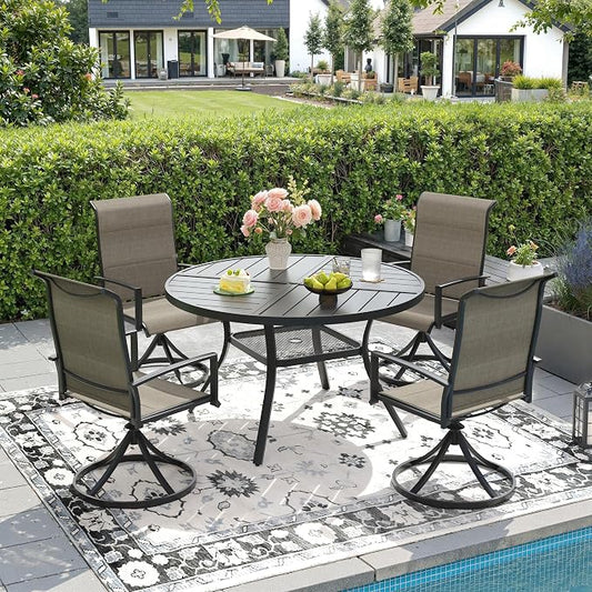DIFY 5 Piece Outdoor Dining Set, Metal Patio Table and Chairs Set, 40.6" Black Round Dining Table & 4 Brown Padded Textilene Swivel Patio Chairs, Outdoor Furniture Set for Garden Backyard Porch