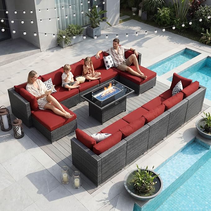 NICESOUL Backyard Furniture Set with Firepits Natural Gas/Propane, 12 Seater XL Oversized Wicker Sectional Couches, 29.3'' High Back Comfy Deep Wide Outdoor Patio Sofa Set, 2 Color Cushion Red & Gray