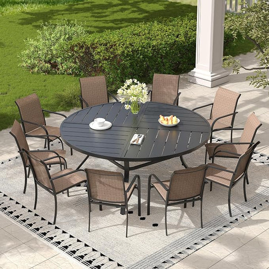 11 Pieces Outdoor Dining Set, Stackable Textilene Paito Chairs & 63.1" Round Dining Table with Umbrella Hole, Patio Dining Set for Backyard, Deck, Garden, Brown & Black