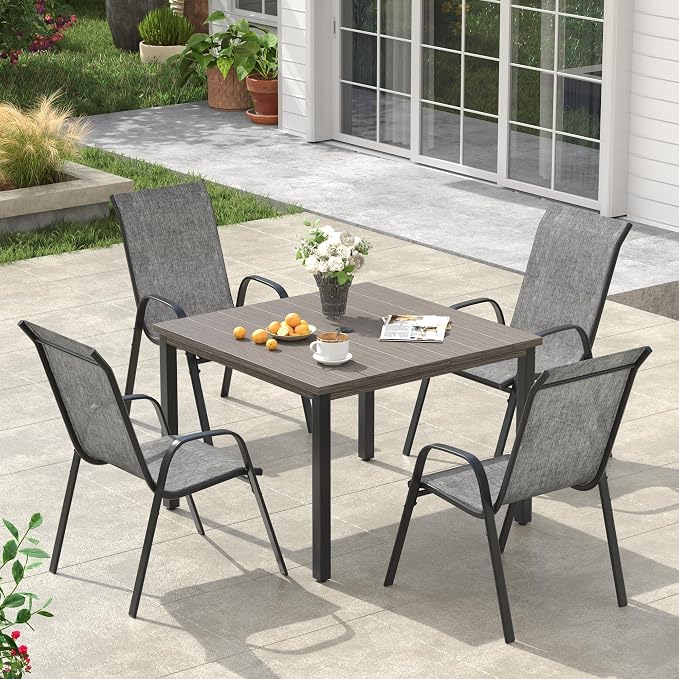 VICLLAX Square Outdoor Patio Dining Set, Metal Slatted Patio Table with Umbrella Hole and 4 Stackable Patio Chairs for Deck Lawn Garden, Grey Fabric and Antique Grey Tabletop