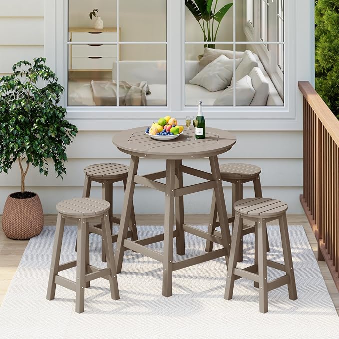 Costaelm Patio Bistro Table, 37" Counter Height Round Patio Cocktail Bar Table with Umbrella Hole, Outdoor Bistro Dining Pub Table for Front Porch Deck Backyard Garden, Weathered Wood