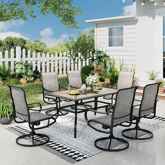 Sophia & William Patio Dining Sets Outdoor Dining Set for 6 Patio Table and Chairs Set 7 Pieces with Swivel Patio Chairs, 60"x 38" Wood Like Metal Table for Garden Pool All Weather Brown
