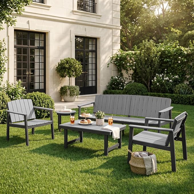 Aluminum Patio Furniture Set, Outdoor Furniture Set 5 Pieces Aluminum Frame HDPS Faux Wood, All Weather Conversation Set for Backyard, Garden, Poolside Grey