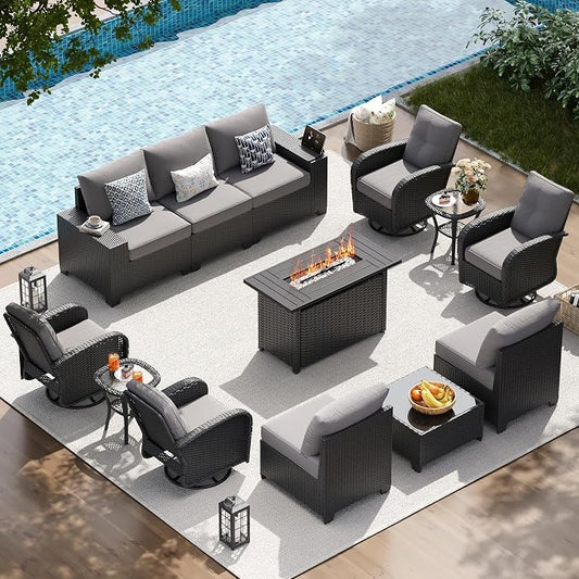 LazySunsets 13 PCS Patio Furniture Set with 44'' Fire Pit Table, Outdoor Sectional All-Weather Wicker Conversation Set with Swivel Rocker Chairs, 4'' Thick Cushions for Backyard Poolside(Crey/Black)